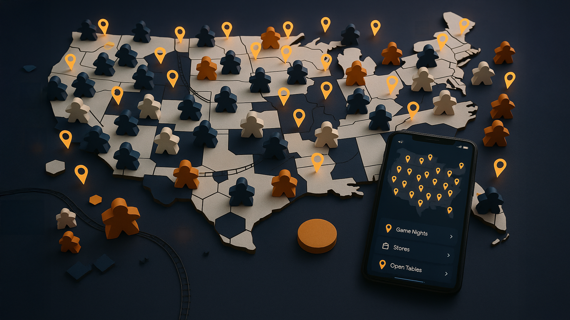 USA map with board game pieces and a phone